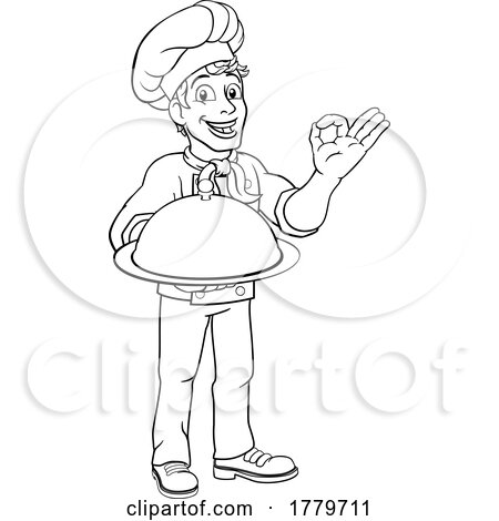 Chef Cook Man Cartoon Holding a Dome Tray by AtStockIllustration