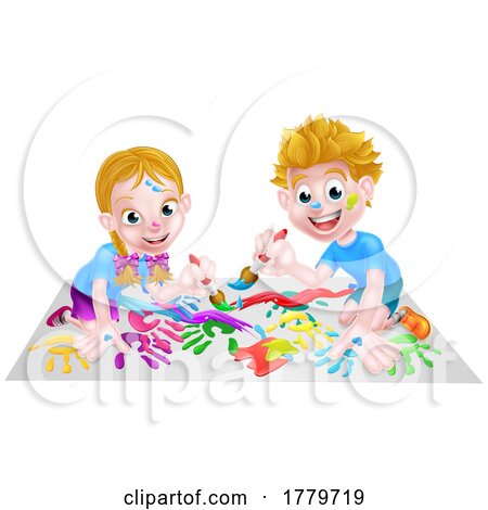 Two Cartoon Children Painting by AtStockIllustration