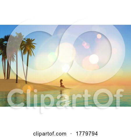 3D Beach Landscape at Sunset with Female in Yoga Position by KJ Pargeter