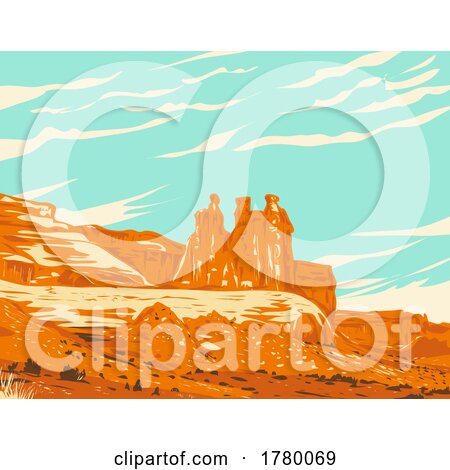 Three Gossips Within Courthouse Towers Cluster in Arches National Park Utah WPA Poster Art by patrimonio