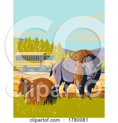 Wildlife Bus Tour and Bison in the Prairie of Yellowstone National Park Wyoming WPA Poster Art by patrimonio