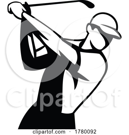 Golfer Swinging Golf Club Front View Mascot Retro Black and White by patrimonio