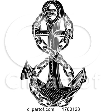 A Ship Anchor and Chain Nautical Woodcut Drawing by AtStockIllustration