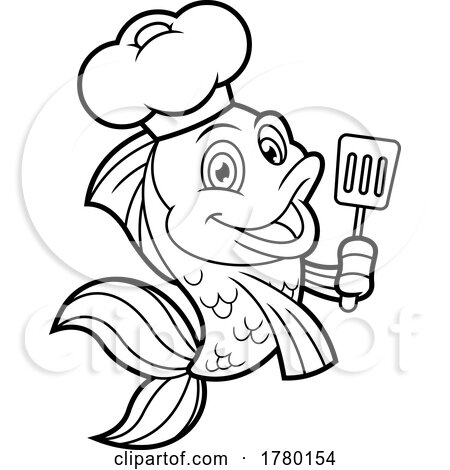 Cartoon Black and White Goldfish Chef Mascot Holding a Spatula by Hit Toon