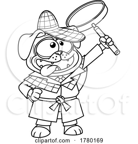 Cartoon Black and White Detective Pug Dog Holding a Magnifying Glass by Hit Toon