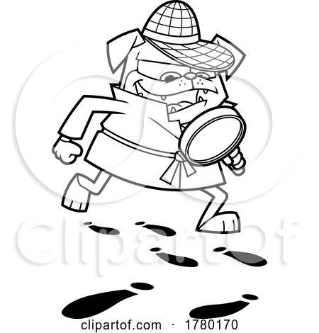 Cartoon Black and White Detective Pug Dog Following Foot Prints by Hit Toon