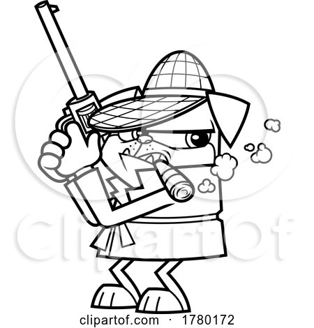 Cartoon Black and White Detective Pug Dog Holding a Gun and Smoking a Cigar by Hit Toon