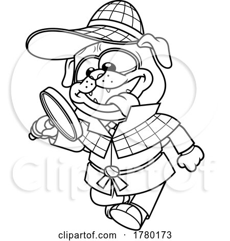 Cartoon Black and White Detective Pug Dog Using a Magnifying Glass by Hit Toon