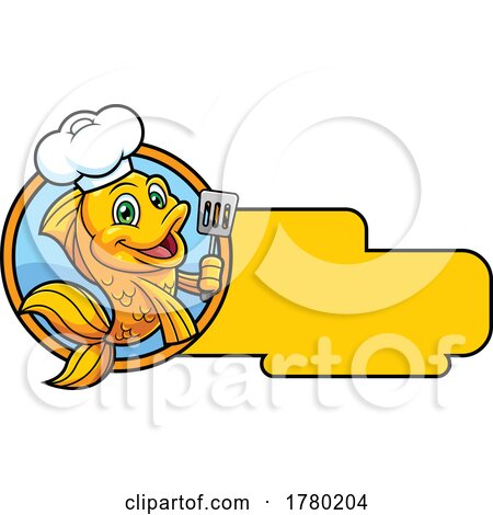 Cartoon Goldfish Chef Mascot Holding a Spatula and Blank Sign by Hit Toon