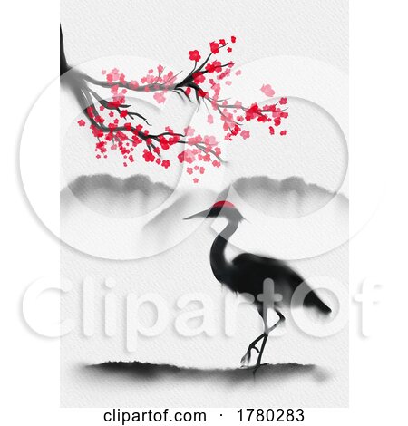 Hand Painted Traditional Japanese Themed Wall Art with Sakura and Heron by KJ Pargeter