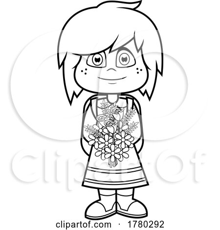Cartoon Black and White School Girl Holding a Bouquet of Flowers by Hit Toon