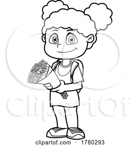 Cartoon Black and White School Girl Holding a Bouquet of Flowers by Hit Toon