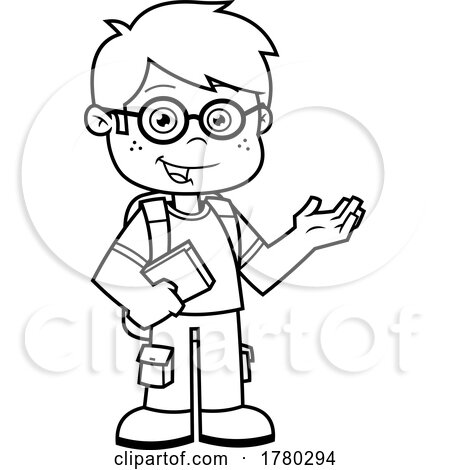Cartoon Black and White School Boy Holding a Book and Presenting by Hit Toon