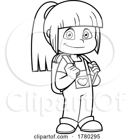 Cartoon Black and White School Girl Holding Her Backpack Straps by Hit Toon