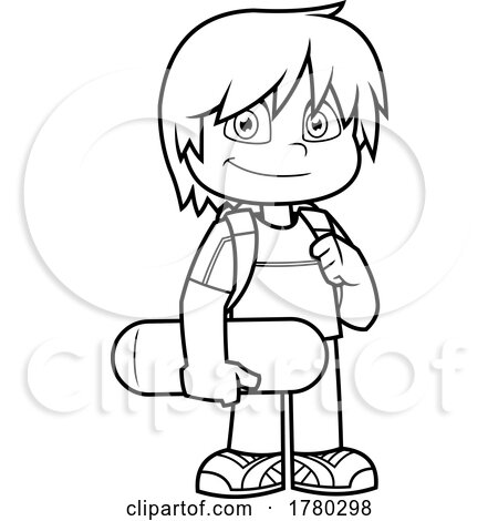 Cartoon Black and White School Boy Holding a Skateboard by Hit Toon
