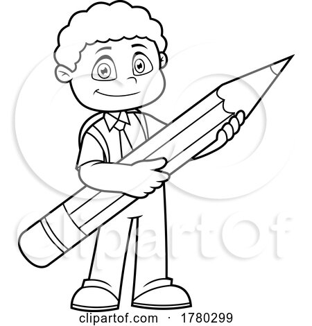 Cartoon Black and White School Boy Holding a Giant Pencil by Hit Toon