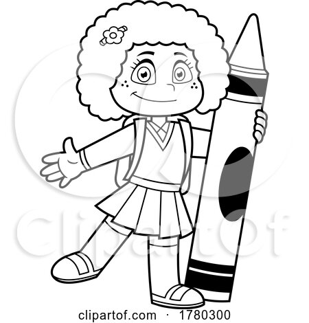 Cartoon Black and White School Girl with a Giant Crayon by Hit Toon