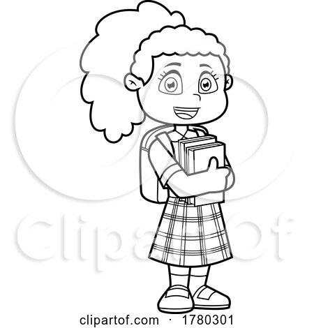 Cartoon Black and White School Girl Holding Books by Hit Toon