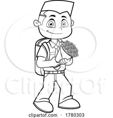Cartoon Black and White School Boy Holding a Boquet by Hit Toon