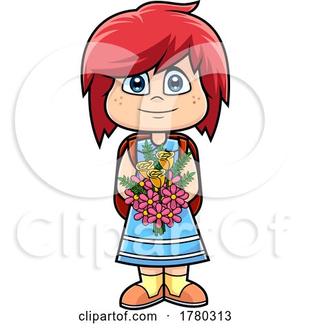 Cartoon School Girl Holding a Bouquet of Flowers by Hit Toon