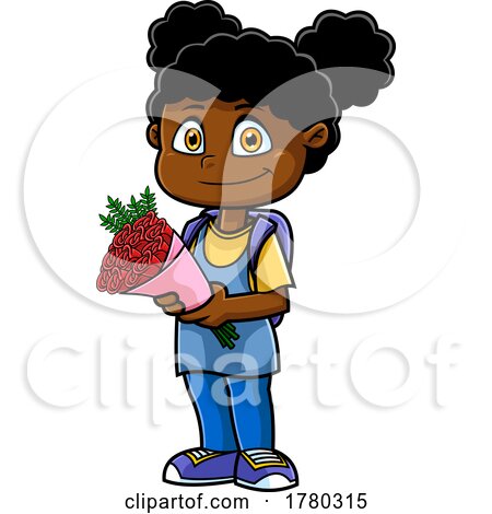Cartoon School Girl Holding a Bouquet of Flowers by Hit Toon