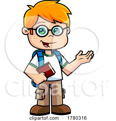 Cartoon School Boy Holding a Book and Presenting by Hit Toon