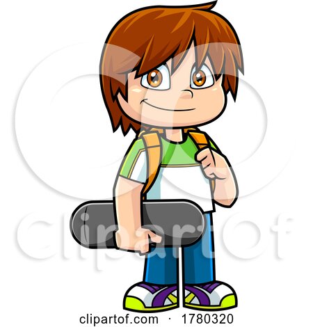 Cartoon School Boy Holding a Skateboard by Hit Toon
