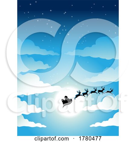 Silhouetted Magic Flying Christmas Reindeer and Santas Sleigh Agaisnt Moon by cidepix