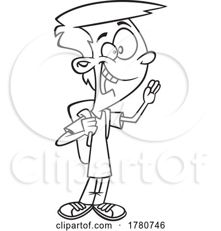Cartoon Black and White Boy Wearing a Backpack and Waving by toonaday