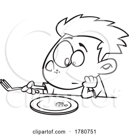 Cartoon Black and White Boy Staring at the Last Bite of Food on His Plate by toonaday