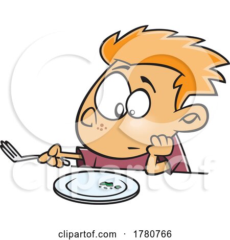 Cartoon Boy Staring at the Last Bite of Food on His Plate by toonaday