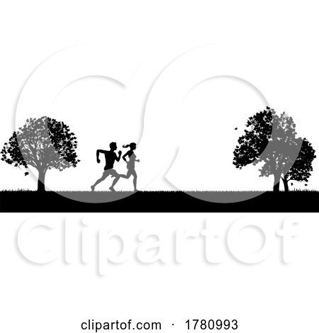 Silhouette Runners Jogging or Running in the Park by AtStockIllustration