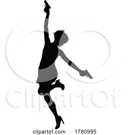 Silhouette Woman Female Movie Action Hero with Gun by AtStockIllustration