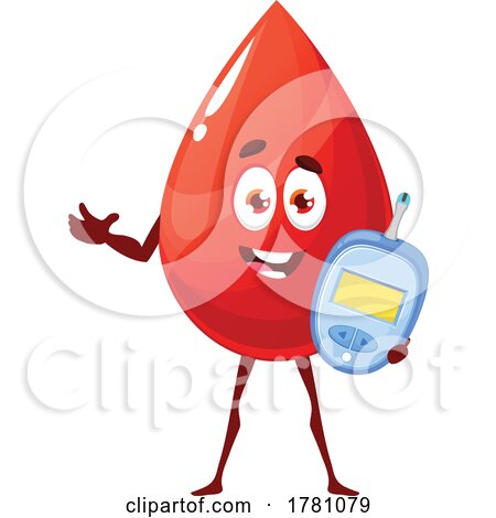 Happy Blood Drop Mascot Holding a Diabetes Glucometer by Vector Tradition SM