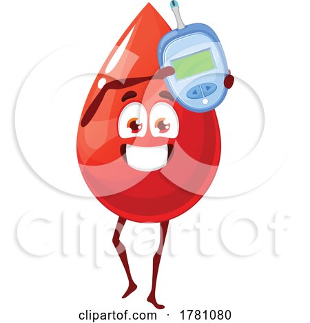 Happy Blood Drop Mascot Holding a Diabetes Glucometer by Vector Tradition SM