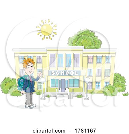Cartoon Male Student Waving Outside a School Building by Alex Bannykh