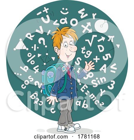 Cartoon Male Student and a Circle of Mathematical Formulas by Alex Bannykh