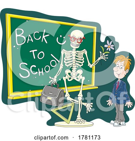 Cartoon Male Student and Skeleton with a Back to School Chalkboard by Alex Bannykh