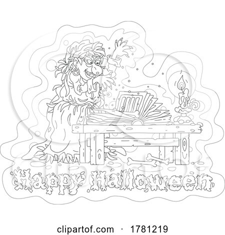 Witch Using a Spell Book over Happy Halloween Text by Alex Bannykh