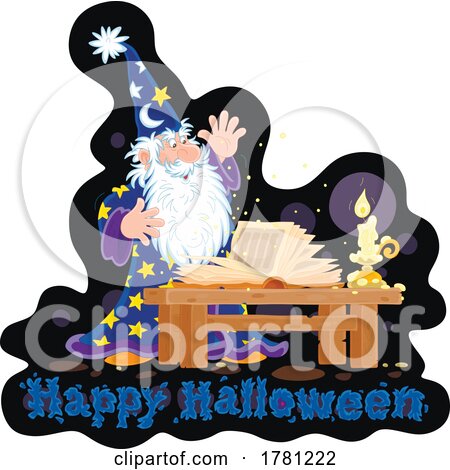 Wizard Using a Spell Book over Happy Halloween Text by Alex Bannykh