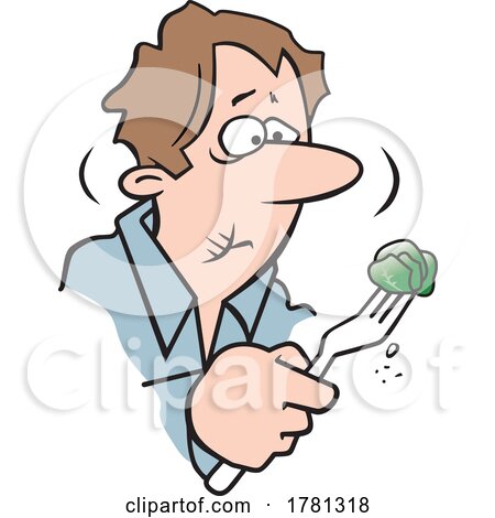 Cartoon Man Holding a Brussel Sprout on a Fork and Looking Grossed out by Johnny Sajem