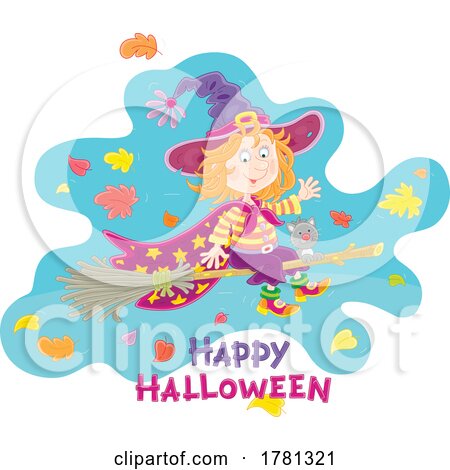 Cat and Witch Girl Flying on a Broomstick over Happy Halloween Text by Alex Bannykh