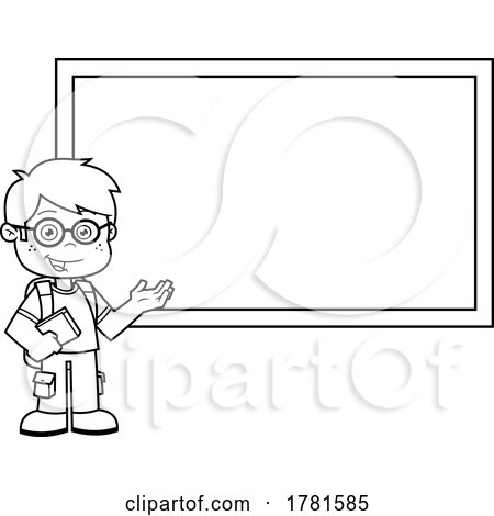 Cartoon Black and White School Boy at a Chalkboard by Hit Toon