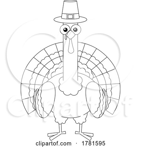 Cartoon Black and White Thanksgiving Turkey Wearing a Pilgrim Hat by Hit Toon