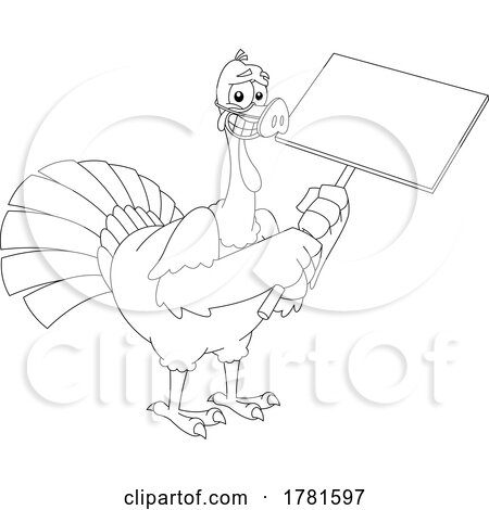 Cartoon Black and White Thanksgiving Turkey Bird Holding a Sign and Wearing a Pig Nose by Hit Toon
