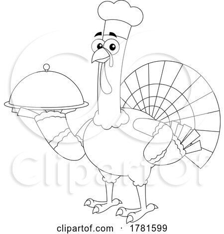 Cartoon Black and White Thanksgiving Turkey Bird Chef Holding a Cloche by Hit Toon