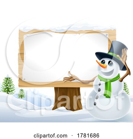 Snowman Christmas Snow Sign Landscape Scene by AtStockIllustration