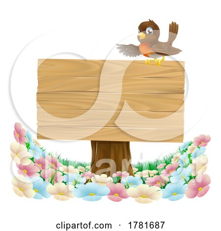Robin Bird Cartoon Wooden Background Sign by AtStockIllustration