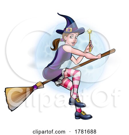 Witch Halloween Flying Cartoon Character and Moon by AtStockIllustration
