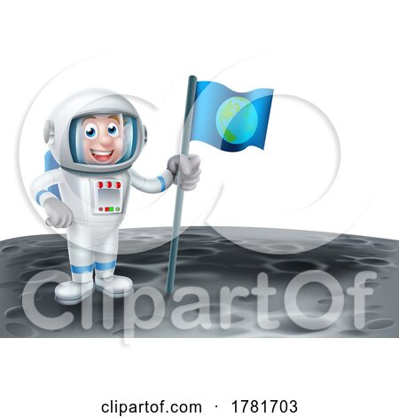 Cartoon Astronaut Holding a Flag on the Moon by AtStockIllustration